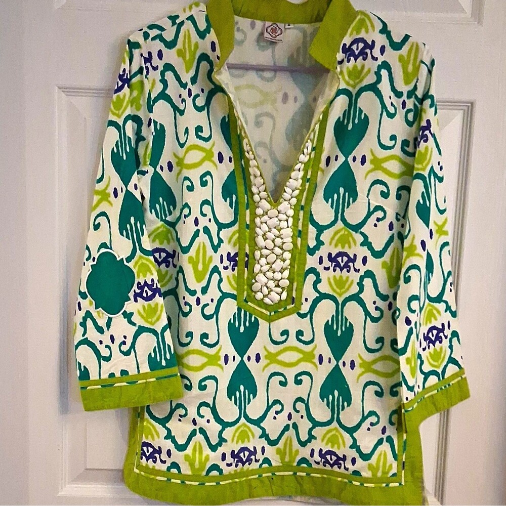 Sheridan French Women's Sz 8 White Green Blue Floral Beaded V-Neck 3/4 Tunic